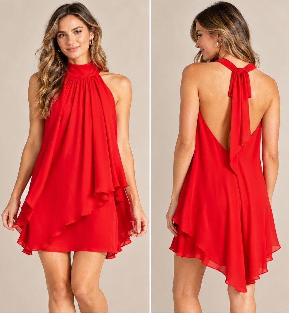 Halston Red Halter Tie Back Layered Chiffon Cocktail Mini Dress Size 10